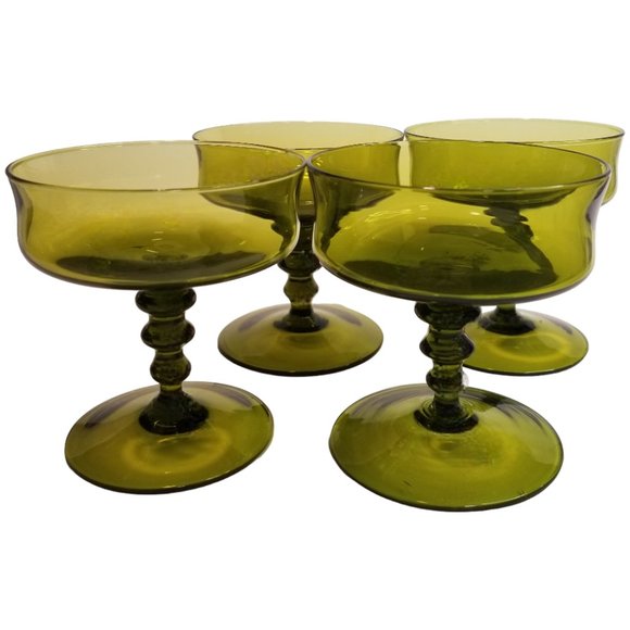 Champagne Tall Sherbet Glasses, Hand-Blown Olive Green Glass, Richmond by Colony - Picture 3 of 10